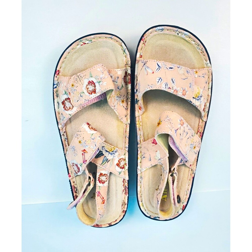 Alegria Womens Sz 9 Strappy Wedge Sandal Pink Butterfly Floral Bohemian Leather